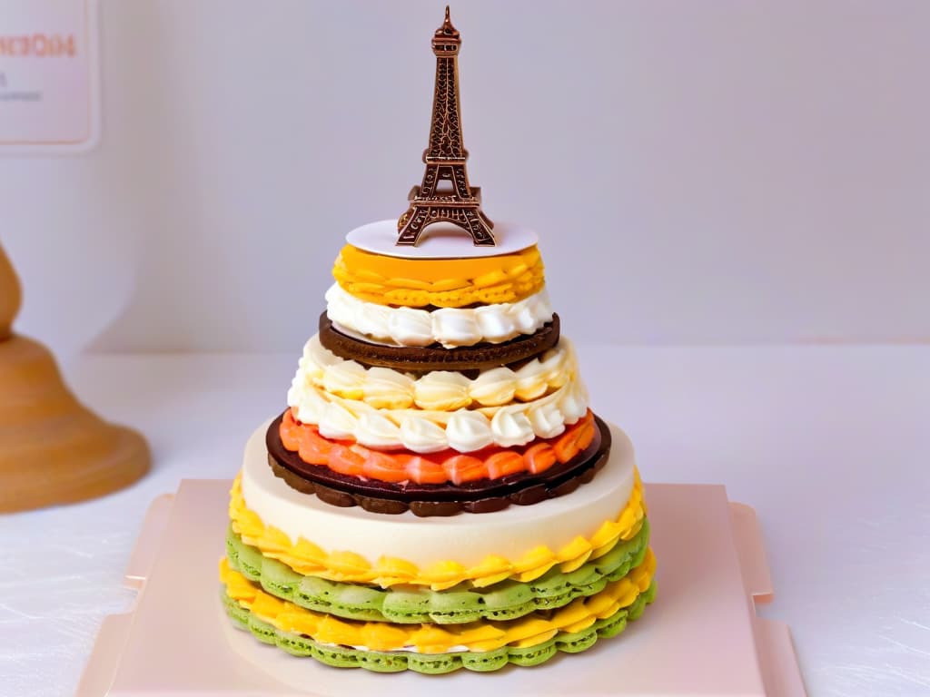  An ultradetailed image of a delicate and intricate Eiffel Tower made entirely of colorful macarons, with each macaron meticulously placed to form the iconic structure. The macarons are vibrant and visually appealing, showcasing a variety of flavors and colors, creating a stunning and mouthwatering piece of edible art. The background is clean and simple, emphasizing the beauty and detail of the macaron Eiffel Tower. hyperrealistic, full body, detailed clothing, highly detailed, cinematic lighting, stunningly beautiful, intricate, sharp focus, f/1. 8, 85mm, (centered image composition), (professionally color graded), ((bright soft diffused light)), volumetric fog, trending on instagram, trending on tumblr, HDR 4K, 8K