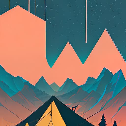 nvinkpunk Whimsical mountains with trees, camping tent and fire