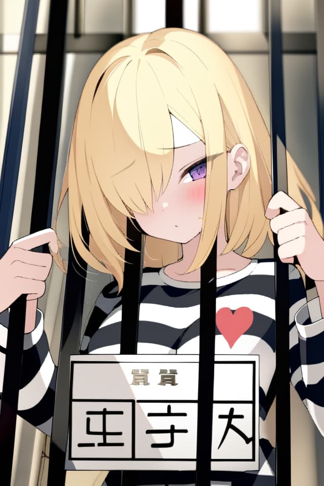  ultra detailed:1.2masterpiece:1.2,best quality,masterpiece,bestquality,hdr:1.1,8k:1.1,very cute girl:1.3,(white and black striped pattern Jumpsuit:1.3),prison:1.3,(front iron grate:1.3) ,hands up :1.1,(holding name plate:1.3),blonde hair:1.3,heart tattoo under one eye:1.2,upper body:1.1,multi shot:1.4,into prison