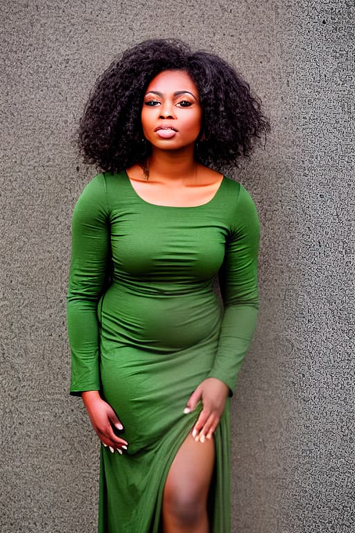  Full portrait of a beautiful black woman with brown hair in green long dress with structured sleeve