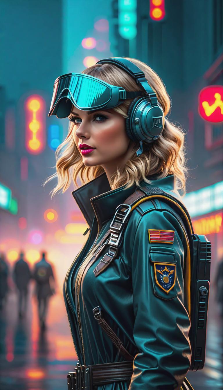  Cyberpunk style depiction of Taylor Swift as a pilot. The scene is set in a world where technology has advanced, but society and human conditions have not, creating a gritty, dystopian atmosphere. hyperrealistic, full body, detailed clothing, highly detailed, cinematic lighting, stunningly beautiful, intricate, sharp focus, f/1. 8, 85mm, (centered image composition), (professionally color graded), ((bright soft diffused light)), volumetric fog, trending on instagram, trending on tumblr, HDR 4K, 8K