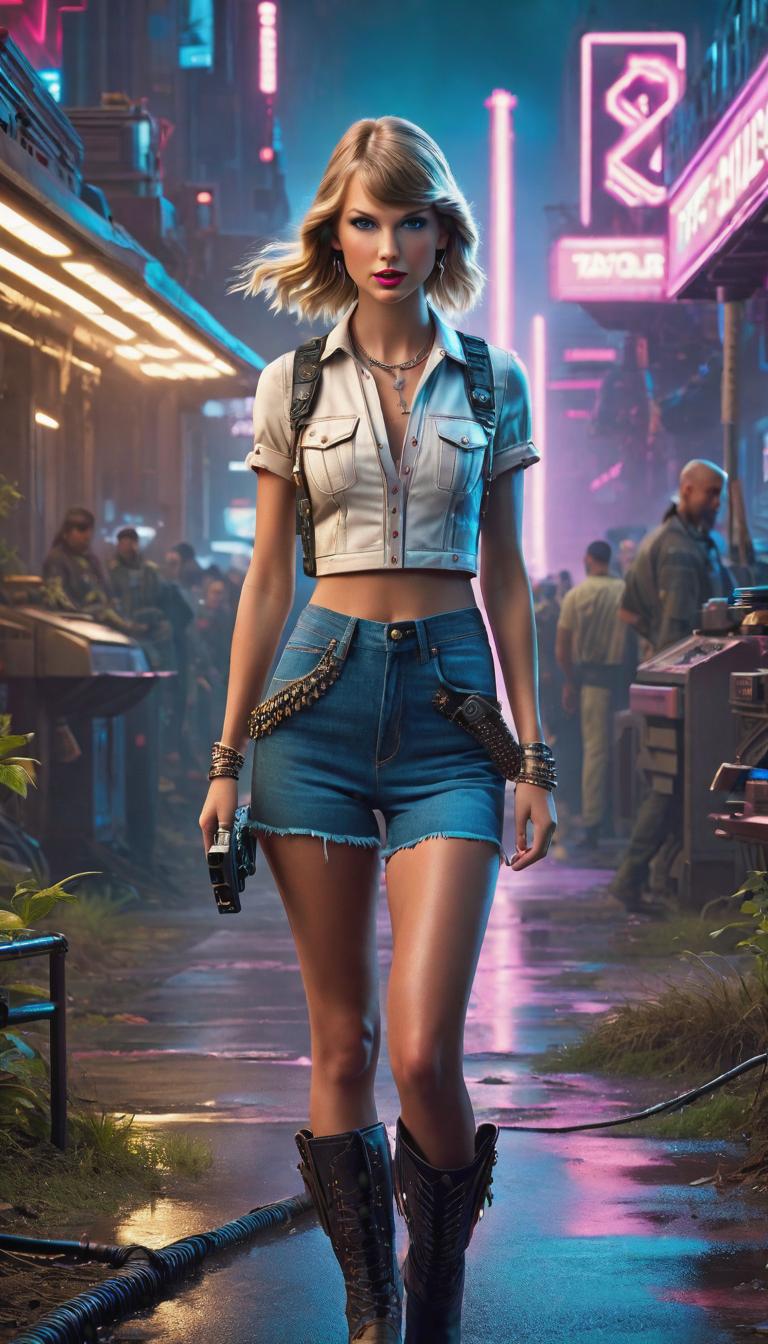  Cyberpunk style depiction of Taylor Swift as a country girl. The scene is set in a world where technology has advanced, but society and human conditions have not, creating a gritty, dystopian atmosphere. hyperrealistic, full body, detailed clothing, highly detailed, cinematic lighting, stunningly beautiful, intricate, sharp focus, f/1. 8, 85mm, (centered image composition), (professionally color graded), ((bright soft diffused light)), volumetric fog, trending on instagram, trending on tumblr, HDR 4K, 8K