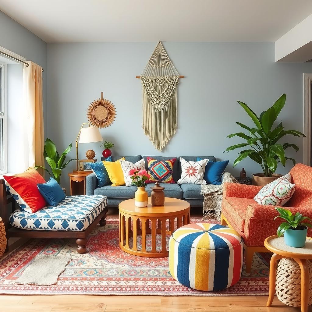  vibrant boho living room featuring an eclectic mix of patterns, textures, and colors. incorporate a layered rug with intricate designs, a variety of cushions in bold hues, a macramé wall hanging, and houseplants adding greenery. capture the essence of harmonious chaos through diverse furniture pieces and unique decorative items arranged with care.,