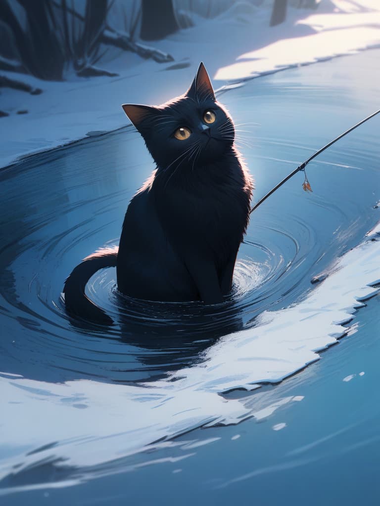  (small fish fishing:1.7、black cat that catches small fish、black cat fishing with a tail)、((icon、logotype design:1.4、symbol design))、black cat & small fish、(((long shot、on the frozen lake)))、best quality:1.4、masterpiece:1.4、ultra detailed texture、RAW photorealistic、absurd resolution、8K illustration、no background、💩、💩、💩、💩、💩、, masterpiece, best quality,8k,ultra detailed,high resolution,an extremely delicate and beautiful,hyper detail