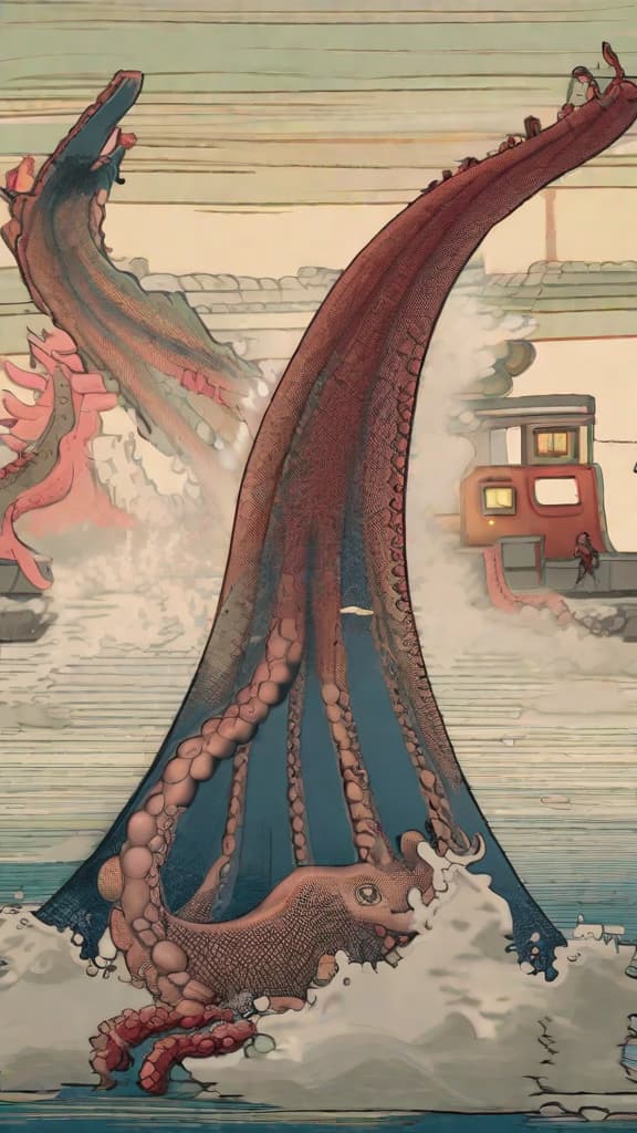  masterpiece, best quality, In traditional Japanese style, 2 samurai are fighting a giant octopus on a traditional Japanese bridge. They are both wearing full armor and holding katanas. They are fighting a giant octopus. The octopus is under the bridge and its tentacles are attacking the samurai. A town is burning in the background. One of the samurai is jumping at the octopus. The octopus is attacking the other with its beak.