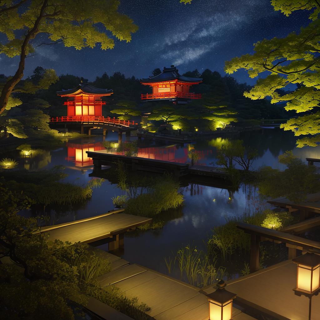  masterpiece, best quality, (Fidelity: 1.4), Best Quality, Masterpiece, Ultra High Resolution, 8k resolution, A night view inspired by Japanese art, featuring a garden illuminated by paper lanterns and a wooden bridge spanning a tranquil lake, by the lakeside, there is a small Zen temple. The water reflects the starry sky.