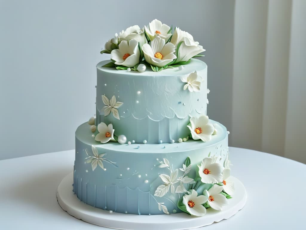  A highresolution, ultradetailed image of a perfectly frosted and meticulously decorated threetiered wedding cake. The cake is elegantly adorned with intricate fondant flowers in soft pastel hues, delicate piping details, and shimmering edible pearls. The background is softly blurred to keep the focus entirely on the exquisite craftsmanship of the cake, showcasing the artistry and skill involved in creating such a masterpiece. hyperrealistic, full body, detailed clothing, highly detailed, cinematic lighting, stunningly beautiful, intricate, sharp focus, f/1. 8, 85mm, (centered image composition), (professionally color graded), ((bright soft diffused light)), volumetric fog, trending on instagram, trending on tumblr, HDR 4K, 8K