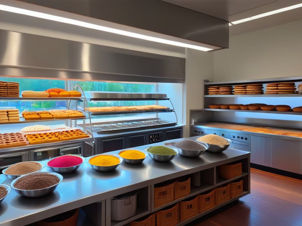  A photorealistic image of a spacious, immaculately organized bakery kitchen, featuring gleaming stainless steel countertops, neatly arranged baking tools, colorful ingredients in clear jars, and a large window streaming in natural light. The scene conveys a sense of efficiency and order, with everything in its place ready for a productive day of baking. hyperrealistic, full body, detailed clothing, highly detailed, cinematic lighting, stunningly beautiful, intricate, sharp focus, f/1. 8, 85mm, (centered image composition), (professionally color graded), ((bright soft diffused light)), volumetric fog, trending on instagram, trending on tumblr, HDR 4K, 8K