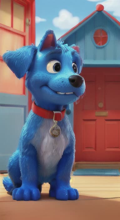  {Max the big blue dog standing in front of a cozy little house with a red door, The big blue dog is large with sky blue fur, big round eyes, a black nose, and floppy ears.