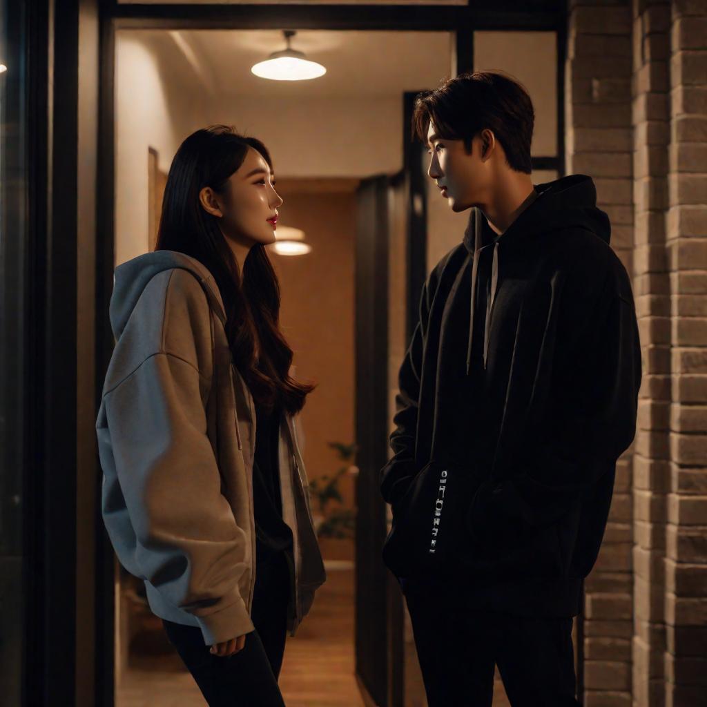  cinematic still, a handsome korean man, in a black hoodie, and a beautiful korean girl with long hair, talking near the door to an apartment, night, dim light, hyper-realistic, detailed, cute, hyper detail, full HD hyperrealistic, full body, detailed clothing, highly detailed, cinematic lighting, stunningly beautiful, intricate, sharp focus, f/1. 8, 85mm, (centered image composition), (professionally color graded), ((bright soft diffused light)), volumetric fog, trending on instagram, trending on tumblr, HDR 4K, 8K