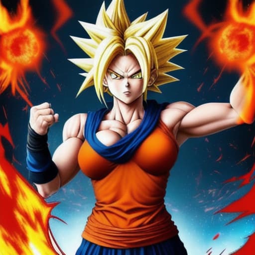  Female super sayan, red goku kostüm. Perfekt body. Sayan hair, fire eyes, fire hands, dead planet burn. 4k