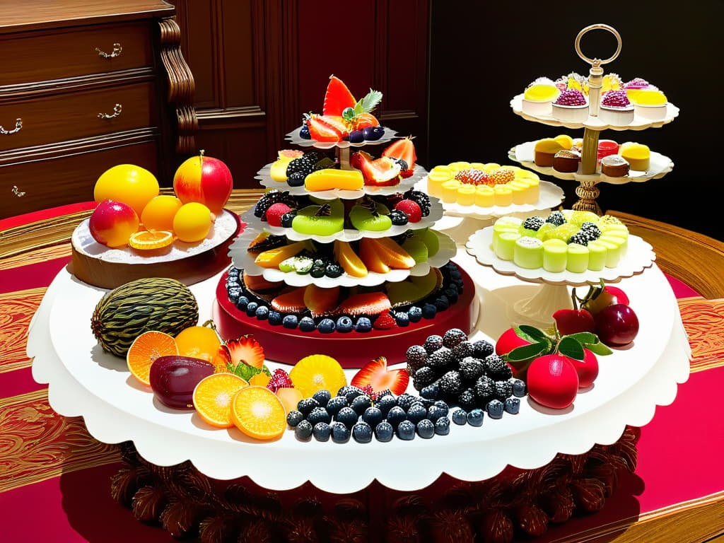  A photorealistic image of a lavish banquet table, elegantly set with an array of historical fruit desserts showcasing the evolution of fruitbased sweets through the ages. On the table, there are ornate silver trays filled with delicate fruit tarts from the Renaissance period, vibrant sorbets popular in the 18th century, a decadent fruit trifle from the Victorian era, and modern fruit fondues gleaming under soft candlelight. The fruits are impeccably detailed, each one bursting with color and freshness, creating a visual feast that captures the essence of the evolution of fruit desserts throughout history. hyperrealistic, full body, detailed clothing, highly detailed, cinematic lighting, stunningly beautiful, intricate, sharp focus, f/1. 8, 85mm, (centered image composition), (professionally color graded), ((bright soft diffused light)), volumetric fog, trending on instagram, trending on tumblr, HDR 4K, 8K