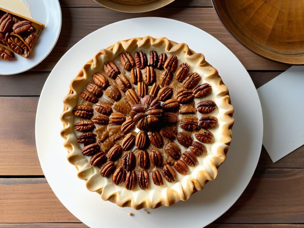  An ultradetailed image of a goldenbrown, perfectly baked pecan pie sitting on a rustic wooden table, surrounded by scattered whole pecans and a dollop of whipped cream on top. The pie crust is flaky, the pecans are toasted to perfection, and the caramel filling oozes out slightly, enticing viewers with its sweet and nutty aroma. The lighting captures every detail, from the glistening caramel to the intricate patterns of the pecans, making viewers almost able to taste the delicious authenticity of this classic Southern dessert. hyperrealistic, full body, detailed clothing, highly detailed, cinematic lighting, stunningly beautiful, intricate, sharp focus, f/1. 8, 85mm, (centered image composition), (professionally color graded), ((bright soft diffused light)), volumetric fog, trending on instagram, trending on tumblr, HDR 4K, 8K