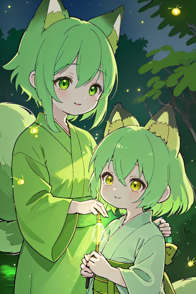  A yukata of the green hair character in the fox ear, the light of countless fireflies shines in the dark countryside, a very beautiful smile, a large amount of fireflies dancing, detailed shadows, delicate lines, detailed fine details. Line, ultra high image quality, 4K, 8K