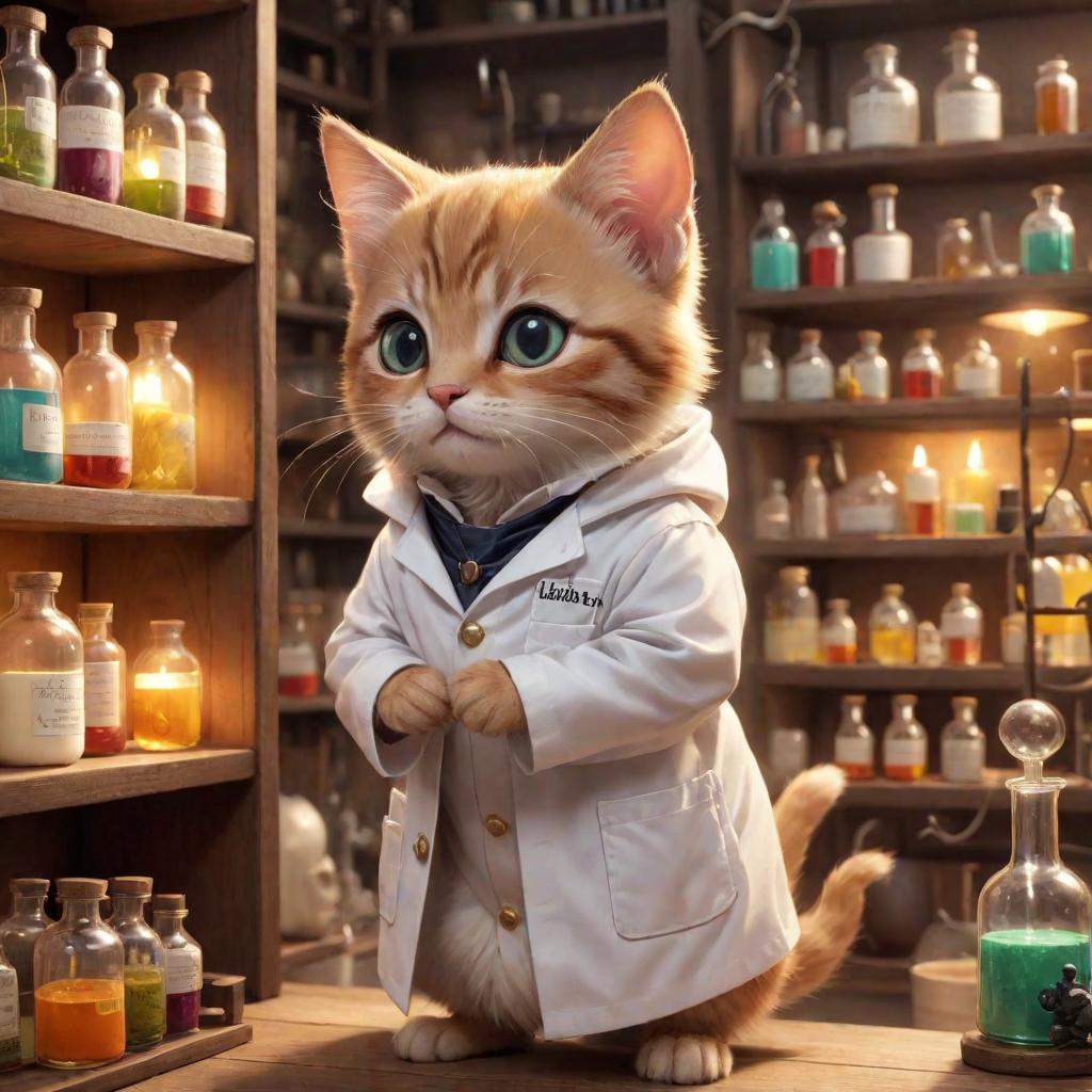  medium close up, Kitten Cheeseville, Soft Alchemical Glow, Curious and Inquisitive, Tiny and Nimble, Whiskers and Bright Eyes, Scientific Lab Coat with a Pocket Protector, Alchemical Laboratory with Potion filled Shelves, Chemist and Alchemist in the Mouse Lab