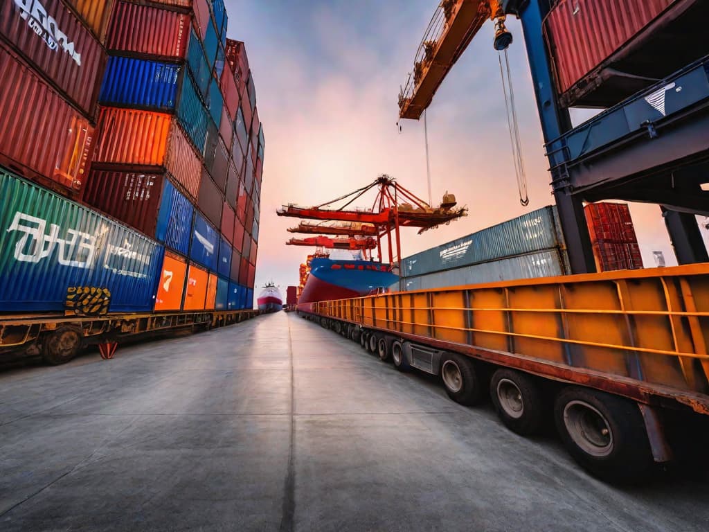  Cargo ships docked at a bustling port, with cranes loading containers at sunset, reflecting the expansion and modernization of the infrastructure. digital art, ilustration, no flares, clean hyperrealistic, full body, detailed clothing, highly detailed, cinematic lighting, stunningly beautiful, intricate, sharp focus, f/1. 8, 85mm, (centered image composition), (professionally color graded), ((bright soft diffused light)), volumetric fog, trending on instagram, trending on tumblr, HDR 4K, 8K