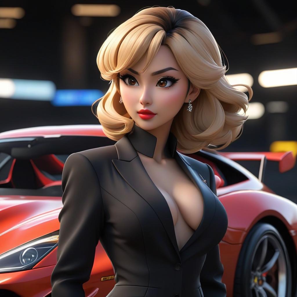  anime artwork (masterpiece, formal art, rich background: 1.2), black background, very beautiful with cute face, full make up, in a pantsuit standing next to a sports car, kinetic design, masterpiece, sharp focus, depth of field, unreal engine, perfect composition, digital art on pixiv, artstation, 8k, HDR . anime style, key visual, vint, studio anime, highly detailed hyperrealistic, full body, detailed clothing, highly detailed, cinematic lighting, stunningly beautiful, intricate, sharp focus, f/1. 8, 85mm, (centered image composition), (professionally color graded), ((bright soft diffused light)), volumetric fog, trending on instagram, trending on tumblr, HDR 4K, 8K