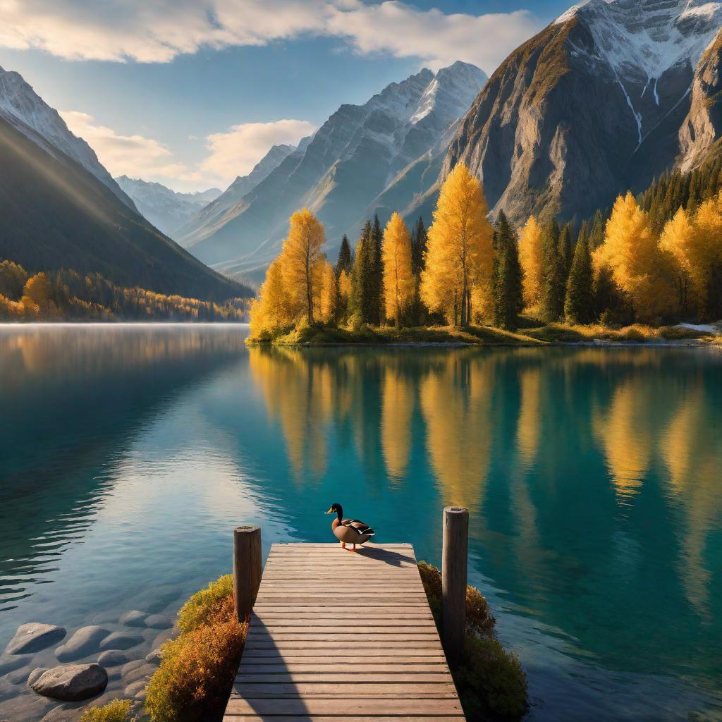  Please create an image of a serene lake surrounded by mountains with a clear blue sky overhead. There should be a small wooden dock leading into the lake, and a lone rowboat tied to the dock, gently bobbing in the water. A few ducks should be swimming near the shore, and in the background, the mountains are lush and green with a few snow-capped peaks. The lighting should be that of early morning with the sun just peeking out from behind the mountains, casting a warm, golden glow over the scene. hyperrealistic, full body, detailed clothing, highly detailed, cinematic lighting, stunningly beautiful, intricate, sharp focus, f/1. 8, 85mm, (centered image composition), (professionally color graded), ((bright soft diffused light)), volumetric fog, trending on instagram, trending on tumblr, HDR 4K, 8K