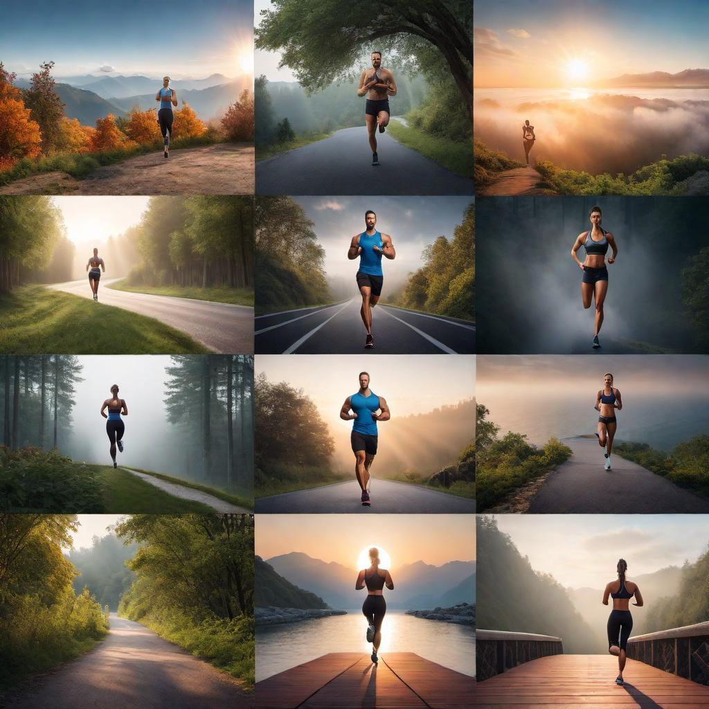  A visual representation of a fitness journey towards personal growth, depicting different fitness activities like running, yoga, and weightlifting, a sense of community and support, a transformation process, and the concept of wellness and holistic health. Include imagery symbolizing personal challenges, resilience, willpower, as well as tranquility and balance. The image should emit a motivational and uplifting vibe, incorporating elements that represent progress, consistency, and shared experiences. It should be colorful, vibrant, and dynamic, reflecting the joy and energy of a supportive fitness community. hyperrealistic, full body, detailed clothing, highly detailed, cinematic lighting, stunningly beautiful, intricate, sharp focus, f/1. 8, 85mm, (centered image composition), (professionally color graded), ((bright soft diffused light)), volumetric fog, trending on instagram, trending on tumblr, HDR 4K, 8K