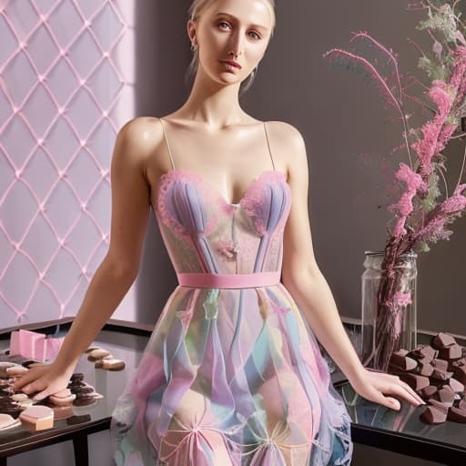  Beautiful Alica Schmidt showing body (transparent lace multi colored pastel dress with visible)(pink cheeks)(shadow lighting)(Superrealism)(Foreground: open box of fine dark chocolates on a small serving table)(Background beautiful mansion bedroom)(delicate hands and fingers)