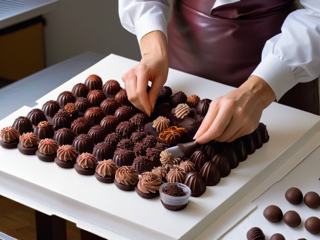  An ultradetailed image capturing the intricate process of handfilling artisanal chocolates. The photo focuses on a pair of hands delicately piping a rich chocolate ganache into perfectly molded chocolate shells, showcasing the meticulous craftsmanship involved in creating homemade filled chocolates. Each detail, from the glossy sheen of the chocolate to the precise movements of the hands, is depicted with stunning clarity, highlighting the artistry and precision required in the chocolatier's craft. hyperrealistic, full body, detailed clothing, highly detailed, cinematic lighting, stunningly beautiful, intricate, sharp focus, f/1. 8, 85mm, (centered image composition), (professionally color graded), ((bright soft diffused light)), volumetric fog, trending on instagram, trending on tumblr, HDR 4K, 8K