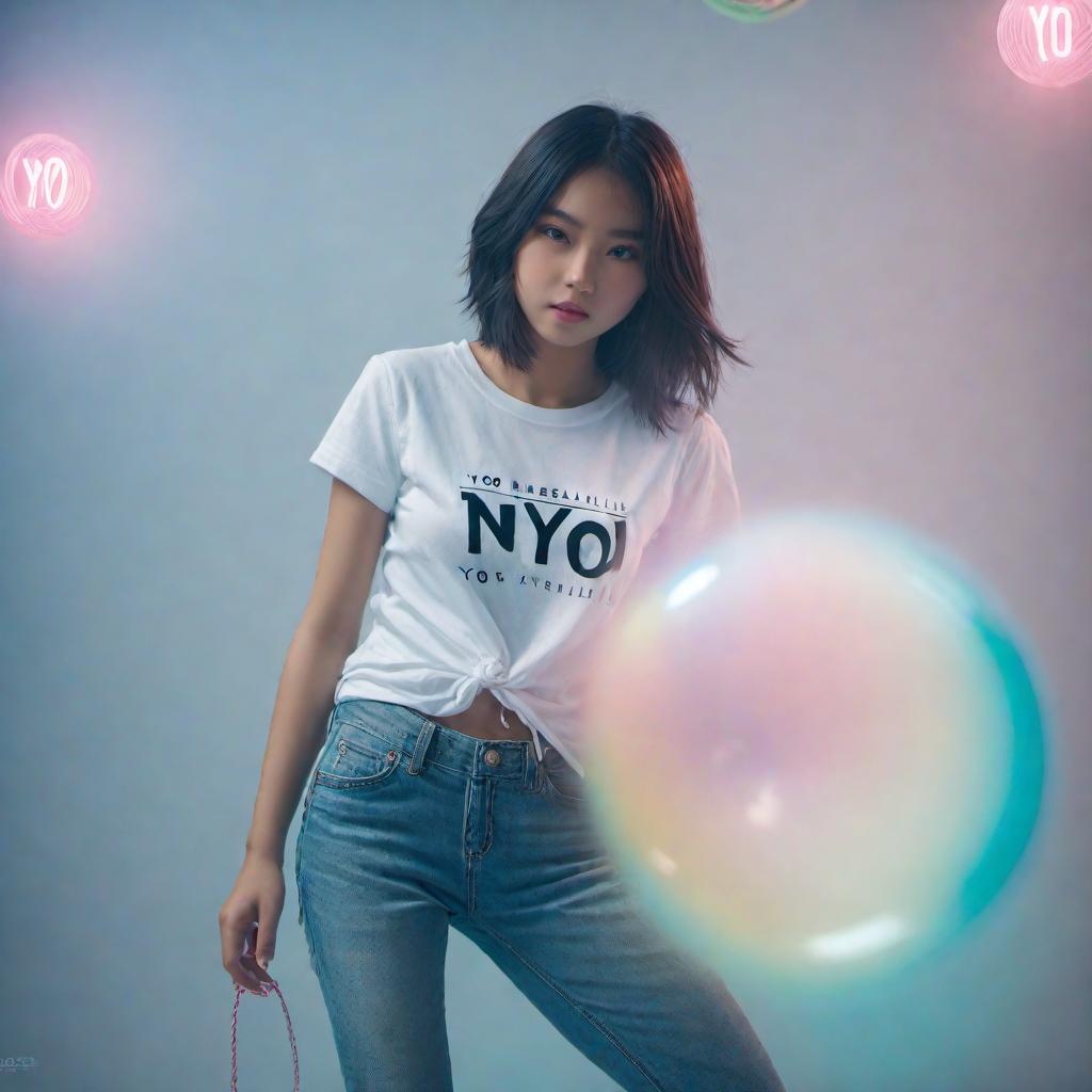  /hiresai pretty girl playing with a yo yo. She wears a shirt with the word $YOYO hyperrealistic, full body, detailed clothing, highly detailed, cinematic lighting, stunningly beautiful, intricate, sharp focus, f/1. 8, 85mm, (centered image composition), (professionally color graded), ((bright soft diffused light)), volumetric fog, trending on instagram, trending on tumblr, HDR 4K, 8K