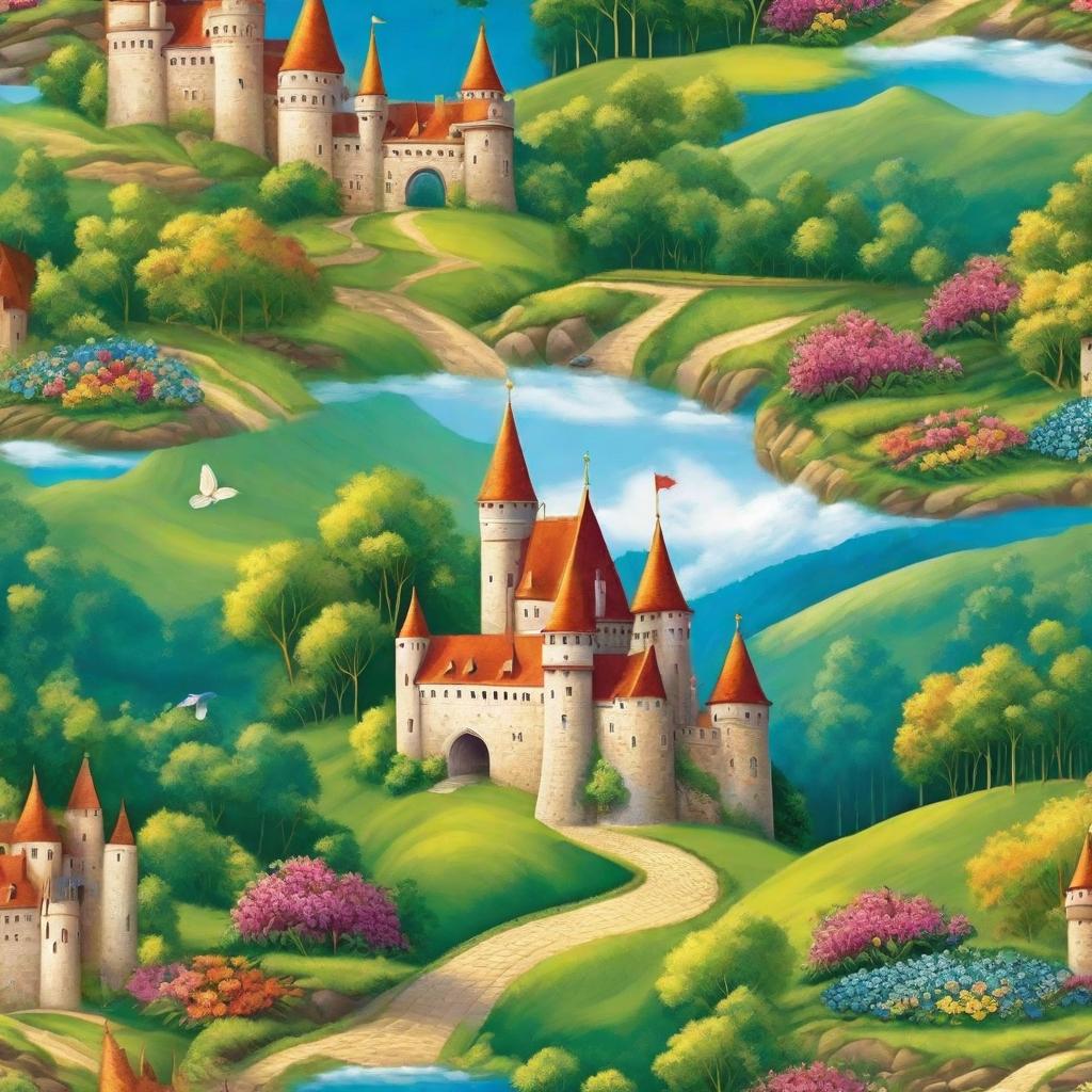  Prompt: The scene unfolds in an idyllic, tranquil village enveloped by a lush forest and adorned with a castle beautifully decorated with mural paintings. The sun is shining brightly, illuminating the castle and bringing out the vivid colors of the murals on its walls. Blooming flowers vintly around the castle, and the sky above is pure blue with soft, fluffy clouds gently floating by. Central to the scene are two main characters – a young boy and , presumably siblings with their similar brunet hair and radiant smiles. They are merrily running hand-in-hand across a cobblestone pathway, their laughter echoing through the air as the village stands watch, rejoicing in its newfound freedom and peace. Their faces beam with happi hyperrealistic, full body, detailed clothing, highly detailed, cinematic lighting, stunningly beautiful, intricate, sharp focus, f/1. 8, 85mm, (centered image composition), (professionally color graded), ((bright soft diffused light)), volumetric fog, trending on instagram, trending on tumblr, HDR 4K, 8K