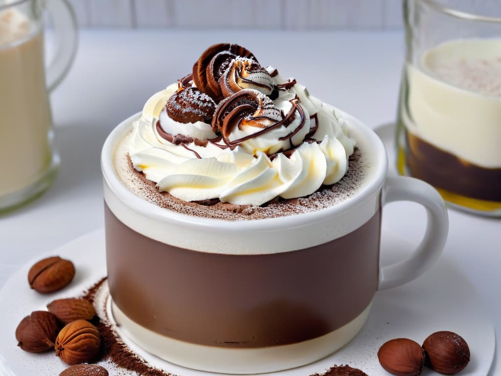  A closeup, highresolution image of a steaming mug of thick and creamy Spanish hot chocolate, topped with a swirl of whipped cream and a sprinkle of cocoa powder, set against a simple, elegant white background. The rich, velvety texture of the chocolate and the glossy finish of the cream are the focal points, inviting the viewer to savor the indulgent treat visually. hyperrealistic, full body, detailed clothing, highly detailed, cinematic lighting, stunningly beautiful, intricate, sharp focus, f/1. 8, 85mm, (centered image composition), (professionally color graded), ((bright soft diffused light)), volumetric fog, trending on instagram, trending on tumblr, HDR 4K, 8K