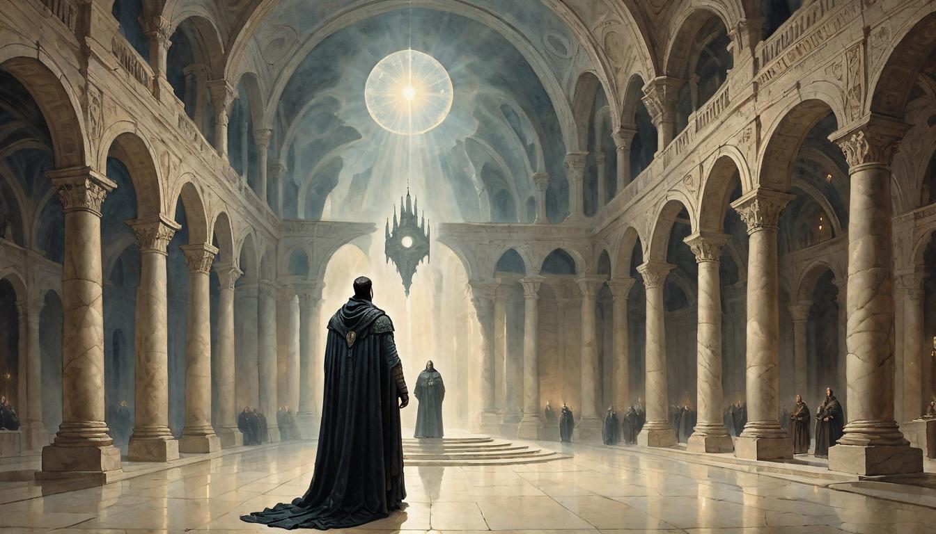  on parchment, surrealism+++, A lone figure shrouded in a dark, intricately detailed cloak, halo of light forming behind the head, commands attention in a grand hall, elaborate arches and stone columns, large attentive audience, reverential atmosphere, solemn, powerful(mysterious, provocative, symbolic,muted color)+++