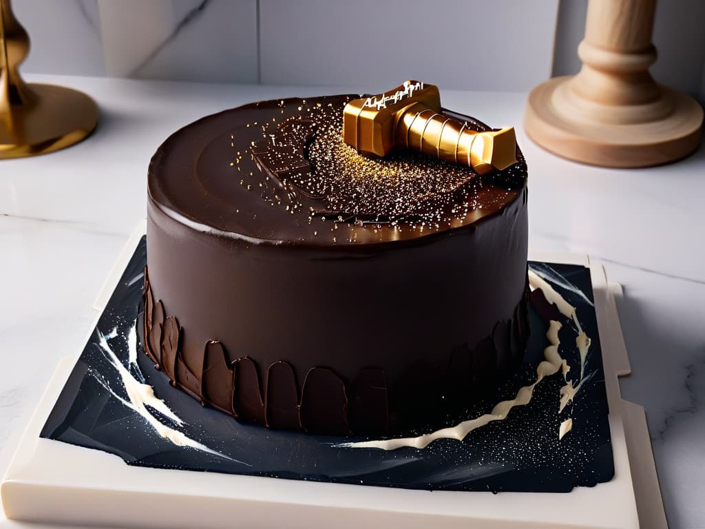  A minimalistic, ultradetailed image of a decadent chocolate cake shaped like Thor's hammer, Mjölnir, placed on a sleek, modern marble platter. The cake is perfectly sculpted and decorated with intricate lightning bolt patterns in edible gold leaf, with a shimmering effect that highlights every detail. The background is softly blurred to emphasize the stunning craftsmanship of the dessert, giving it a professional and elegant look that is sure to inspire any Marvel fan to create their own heroic desserts in the kitchen. hyperrealistic, full body, detailed clothing, highly detailed, cinematic lighting, stunningly beautiful, intricate, sharp focus, f/1. 8, 85mm, (centered image composition), (professionally color graded), ((bright soft diffused light)), volumetric fog, trending on instagram, trending on tumblr, HDR 4K, 8K