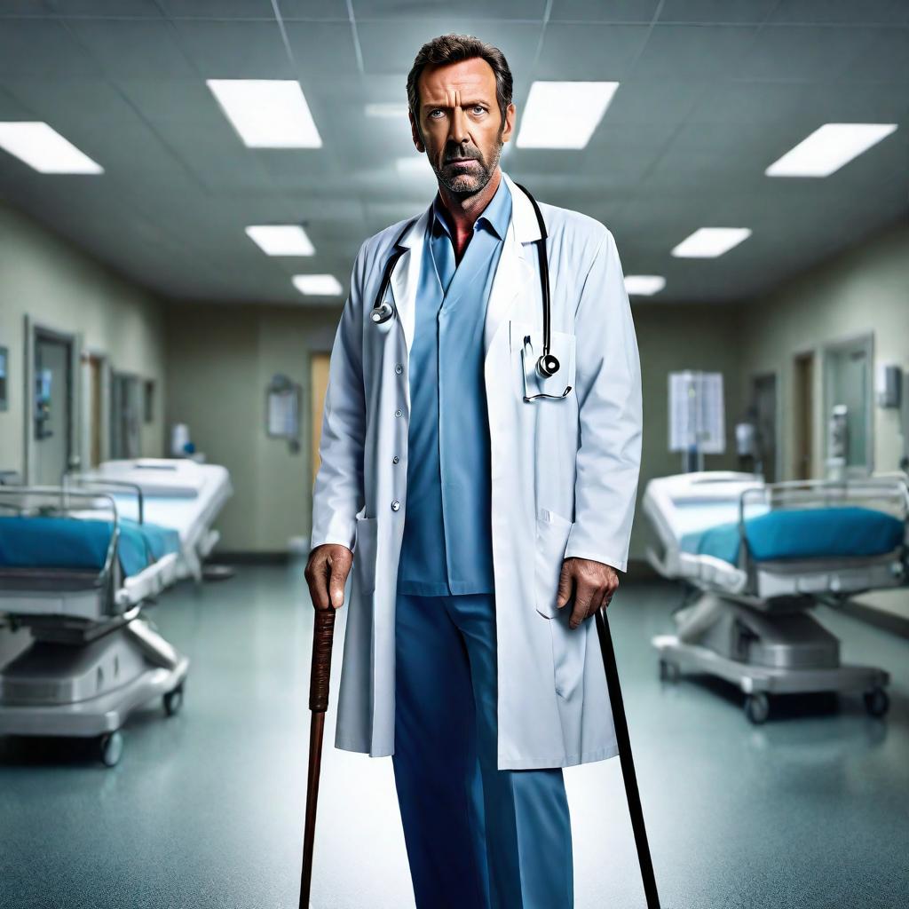  a 3D rendered (((cartoon character))) of ((Dr. House from the TV series House M.D.)), standing in a (hospital setting), with his (iconic cane) and ((sarcastic expression)), (hyperrealistic), (detailed clothing), (highly detailed), (cinematic lighting), (stunningly beautiful), (intricate), (sharp focus), (f/1.8), (85mm), ((centered image composition)), ((professionally color graded)), ((bright soft diffused light)), (volumetric fog), ((trending on instagram)), ((trending on tumblr)), (HDR 4K), (8K) hyperrealistic, full body, detailed clothing, highly detailed, cinematic lighting, stunningly beautiful, intricate, sharp focus, f/1. 8, 85mm, (centered image composition), (professionally color graded), ((bright soft diffused light)), volumetric fog, trending on instagram, trending on tumblr, HDR 4K, 8K