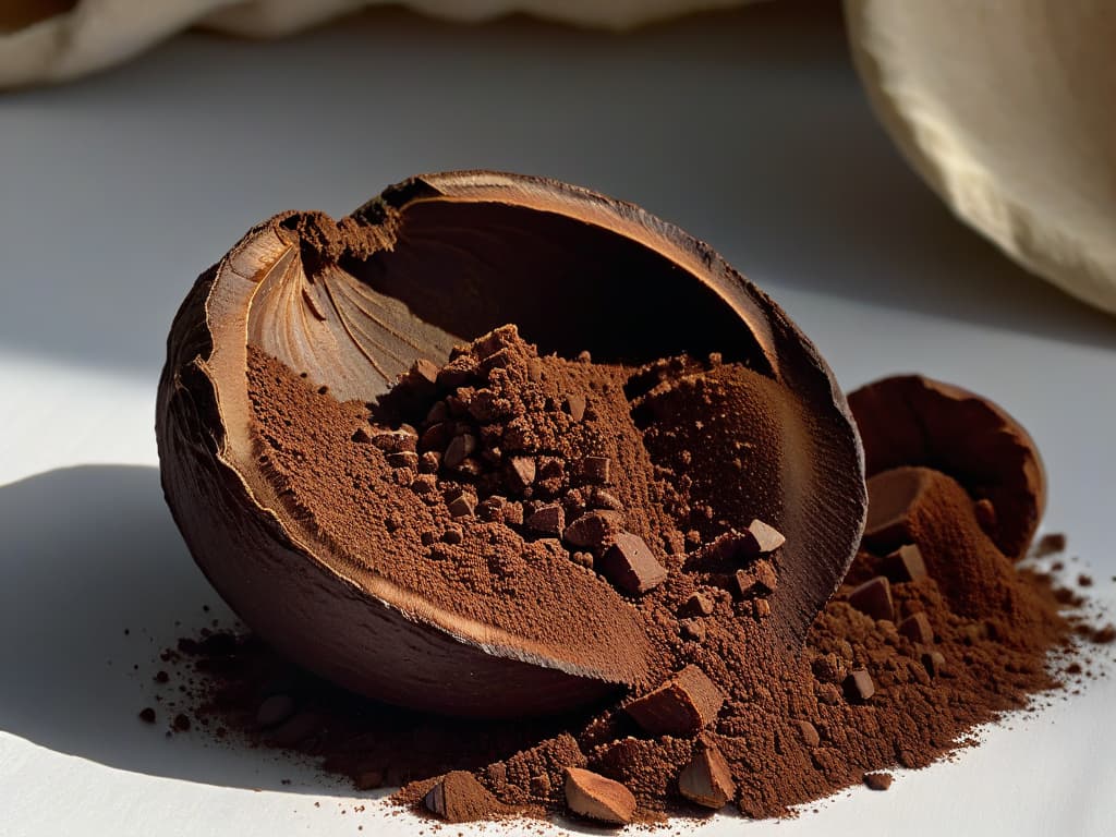  A closeup, ultradetailed image of a single cacao bean split open to reveal the rich, dark cocoa powder inside. The texture of the powder is incredibly fine and smooth, contrasting beautifully with the rough, rugged surface of the cacao bean's shell. Light plays off the powder, highlighting its deep brown color and creating intricate shadows within the nooks and crannies of the bean. This minimalist image captures the essence of fair trade ingredients in baking, emphasizing the purity and quality of ethically sourced cocoa. hyperrealistic, full body, detailed clothing, highly detailed, cinematic lighting, stunningly beautiful, intricate, sharp focus, f/1. 8, 85mm, (centered image composition), (professionally color graded), ((bright soft diffused light)), volumetric fog, trending on instagram, trending on tumblr, HDR 4K, 8K