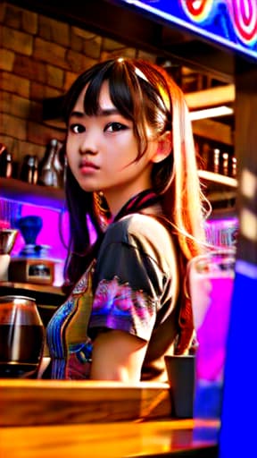  coffee shop barista goddess, psychedelic coffee shop, half shirt, Highly defined, highly detailed, sharp focus, (centered image composition), 4K, 8K