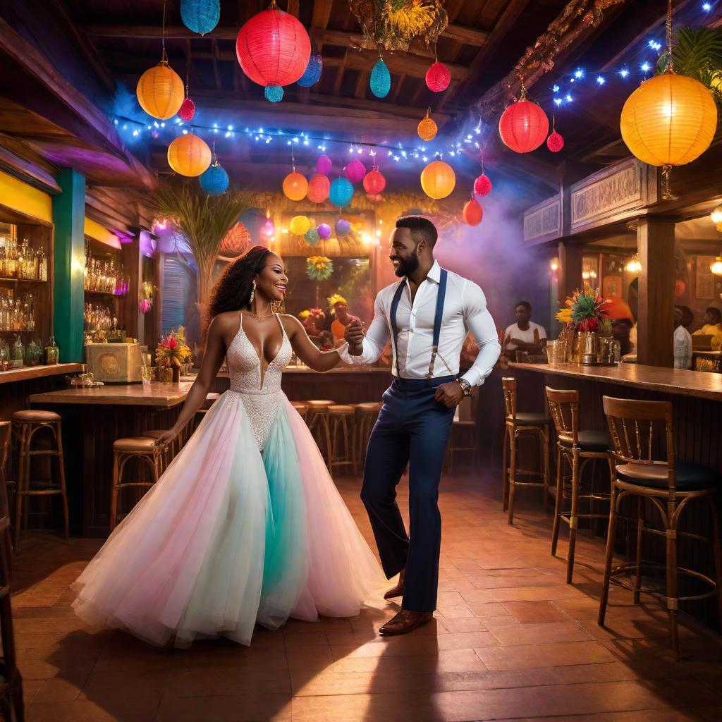  A black couple dancing in a Caribbean restaurant at night, with vibrant music playing in the background and colorful decorations around them. The atmosphere is lively and festive, capturing the spirit of the Caribbean culture. hyperrealistic, full body, detailed clothing, highly detailed, cinematic lighting, stunningly beautiful, intricate, sharp focus, f/1. 8, 85mm, (centered image composition), (professionally color graded), ((bright soft diffused light)), volumetric fog, trending on instagram, trending on tumblr, HDR 4K, 8K