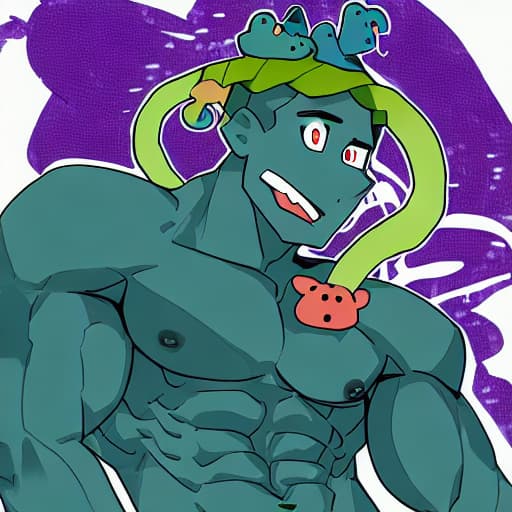  muscular guy with snakes on his head, purple animals and hair