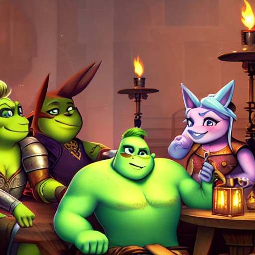  A fantasy scene of a grand hall illuminated by warm torches. Shrek, Fiona, Donkey, Puss in Boots, and other characters from the Shrek franchise are seated around a large, circular stone table. They are all dressed in elaborate knight armor, with distinct heraldic designs on their shields and tabards. Shrek sits at the head of the table, raising a goblet in a toast.