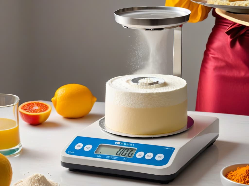  A closeup photorealistic image of a professional baker meticulously measuring out precise ingredients on a digital kitchen scale, with flour gently cascading down like a powdery cloud, while a ray of soft natural light illuminates the scene, highlighting the intricate details of the measuring process. hyperrealistic, full body, detailed clothing, highly detailed, cinematic lighting, stunningly beautiful, intricate, sharp focus, f/1. 8, 85mm, (centered image composition), (professionally color graded), ((bright soft diffused light)), volumetric fog, trending on instagram, trending on tumblr, HDR 4K, 8K