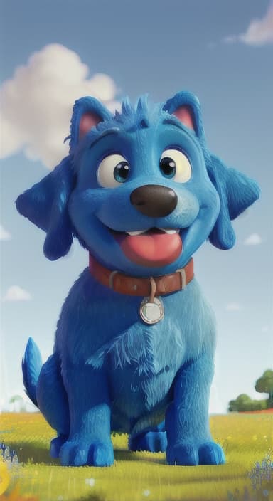  {A happy, big blue dog wagging its tail in a colorful meadow, The big blue dog is large with sky blue fur, big round eyes, a black nose, and floppy ears.