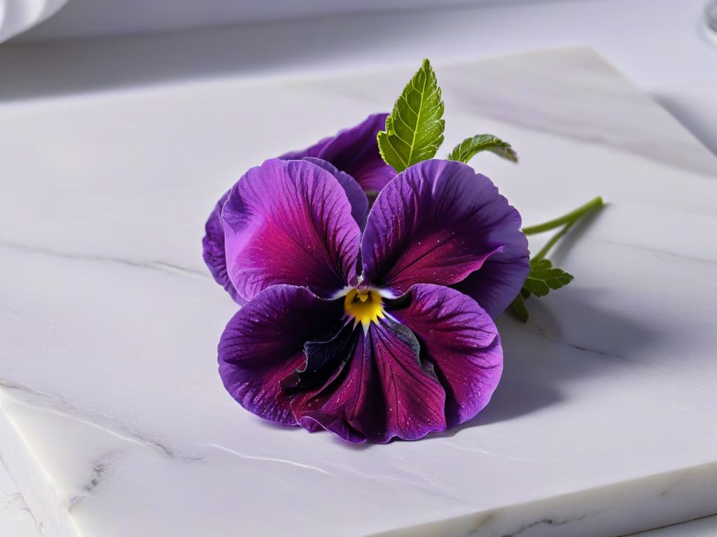  An ultradetailed closeup image of a delicate, vibrant purple pansy flower resting gracefully on a light marble surface. The sunlight softly illuminates the intricate details of the flower petals, showcasing their velvety texture and rich color. The image captures the natural beauty and elegance of the edible flower, evoking a sense of sophistication and culinary artistry. hyperrealistic, full body, detailed clothing, highly detailed, cinematic lighting, stunningly beautiful, intricate, sharp focus, f/1. 8, 85mm, (centered image composition), (professionally color graded), ((bright soft diffused light)), volumetric fog, trending on instagram, trending on tumblr, HDR 4K, 8K