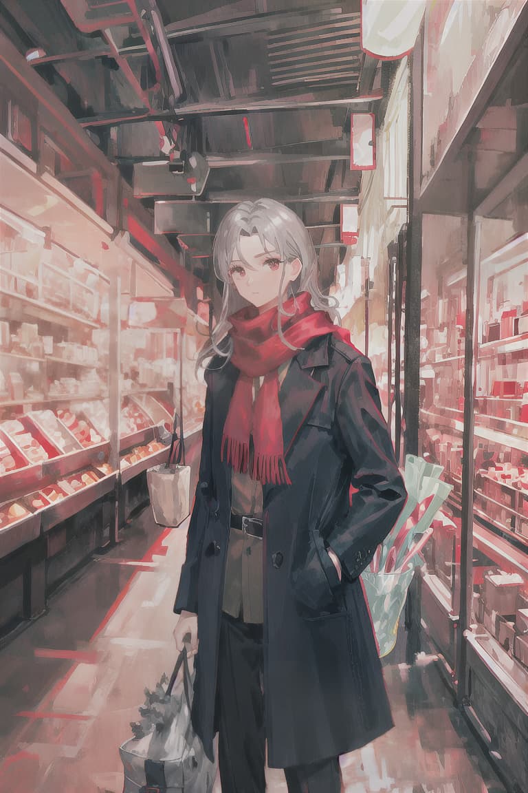  master piece , best quality,Gray hair, male, red scarf, long black coat, adventurer