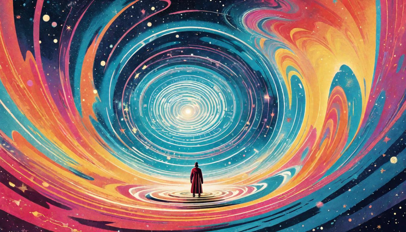  retro futuristic A lone figure standing at the edge of a cosmic whirlpool, stardust swirling into patterns of ancient glyphs, connection to the universal design, alignment with celestial intentions, cosmic affirmation lvintage sci fi, 50s and 60s style, atomic age, vibrant, highly detailed