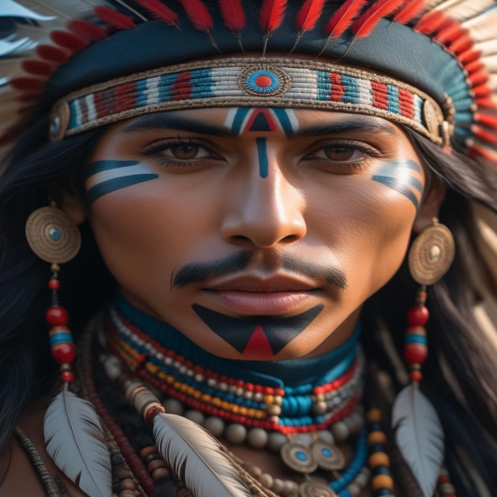  Portrait of the Indian: A detailed picture in IMAX Request: Portrait of National American Indian Keeping Watch Over His Community;Shot on Imax Laser, Intricate Details --ar 9:16 --stylize 750 --V 6 Model: Midjourney 6 hyperrealistic, full body, detailed clothing, highly detailed, cinematic lighting, stunningly beautiful, intricate, sharp focus, f/1. 8, 85mm, (centered image composition), (professionally color graded), ((bright soft diffused light)), volumetric fog, trending on instagram, trending on tumblr, HDR 4K, 8K