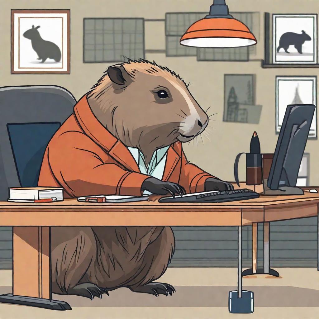  masterpiece, best quality, a female capybara is working behind a desk