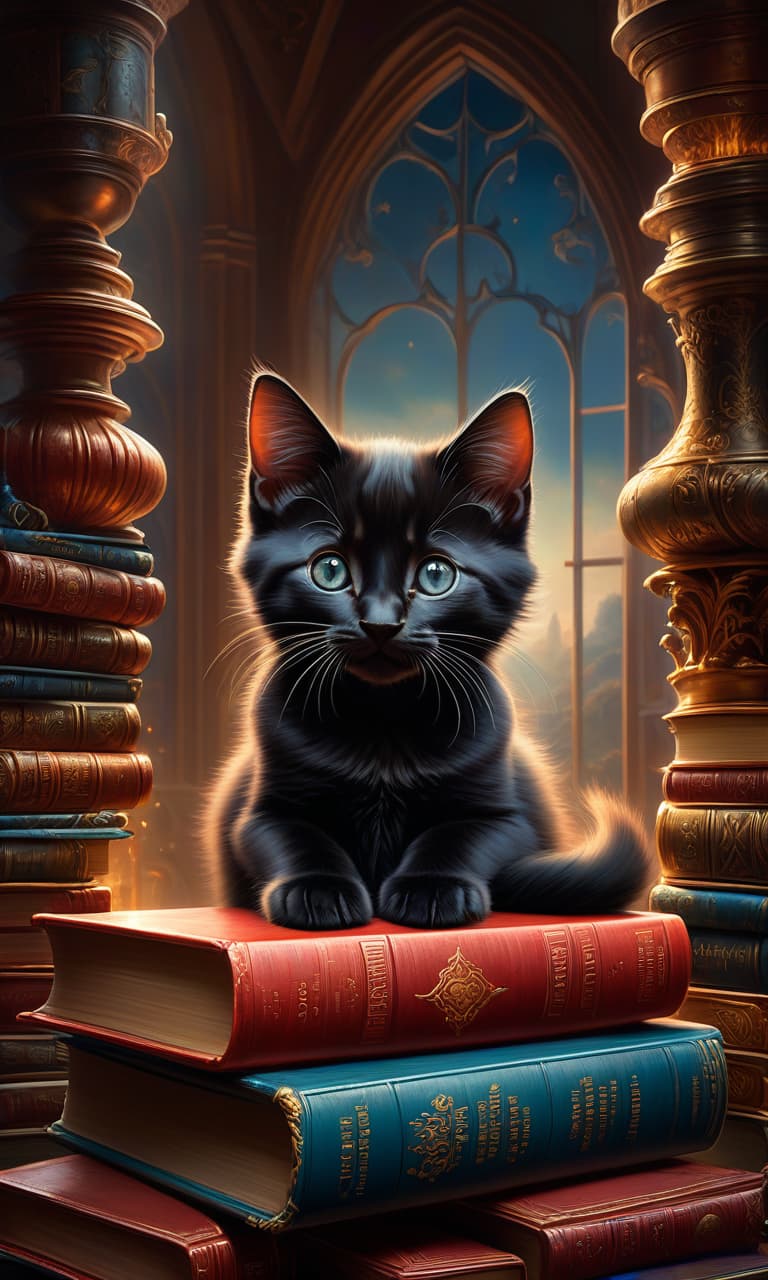  Oil painting. (Distant plan: 1,3). Art Nouveau style. Surreal, fantastical big eyed black kitten. Lying on a tall stack of books. Fabulous, magical, cartoonish, positive, dreamy. Background surrealistic abstraction: wizard's room with flasks, retorts. Subtle ornaments, frame, window arch. Styles: fantasy abstraction, surrealism, elegant, decorative, curvilinear forms, itty bitty, detailed. In the manner of Andrew Jones, Fragonard, Carole Buck, Mab Graves, Bill Carman, Julie Dillon. High quality. hyperrealistic, full body, detailed clothing, highly detailed, cinematic lighting, stunningly beautiful, intricate, sharp focus, f/1. 8, 85mm, (centered image composition), (professionally color graded), ((bright soft diffused light)), volumetric fog, trending on instagram, trending on tumblr, HDR 4K, 8K