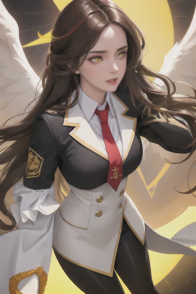  1 girl, wavy brown hair with a white streak in the fringe, yellow eyes, wearing a black suit and a red tie, with yellow wings on her back hyperrealistic, full body, detailed clothing, highly detailed, cinematic lighting, stunningly beautiful, intricate, sharp focus, f/1. 8, 85mm, (centered image composition), (professionally color graded), ((bright soft diffused light)), volumetric fog, trending on instagram, trending on tumblr, HDR 4K, 8K