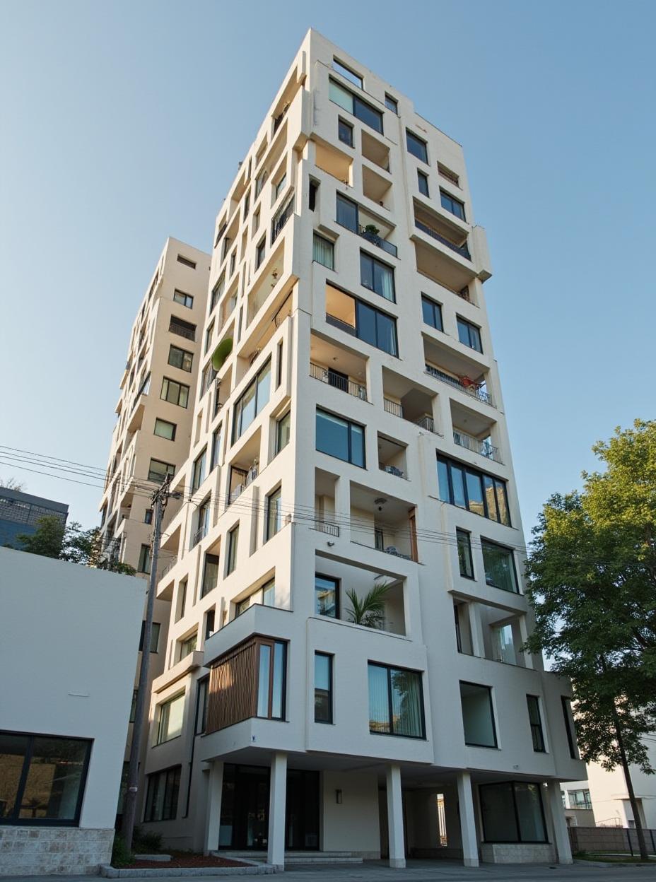  good quality, high quality, this image shows a tall, modern apartment building with a lot of windows and balconies.