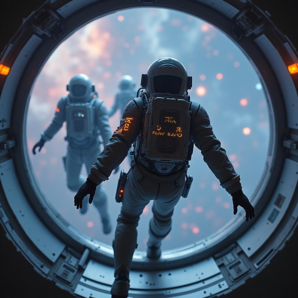  a crew of space explorers in futuristic suits are floating through a space station with massive glass windows showing a nebula filled sky. one crew member has a patch on their suit with the words 'for flux sake' symbolizing their rebellious nature as they prepare to venture into the unknown galaxy.