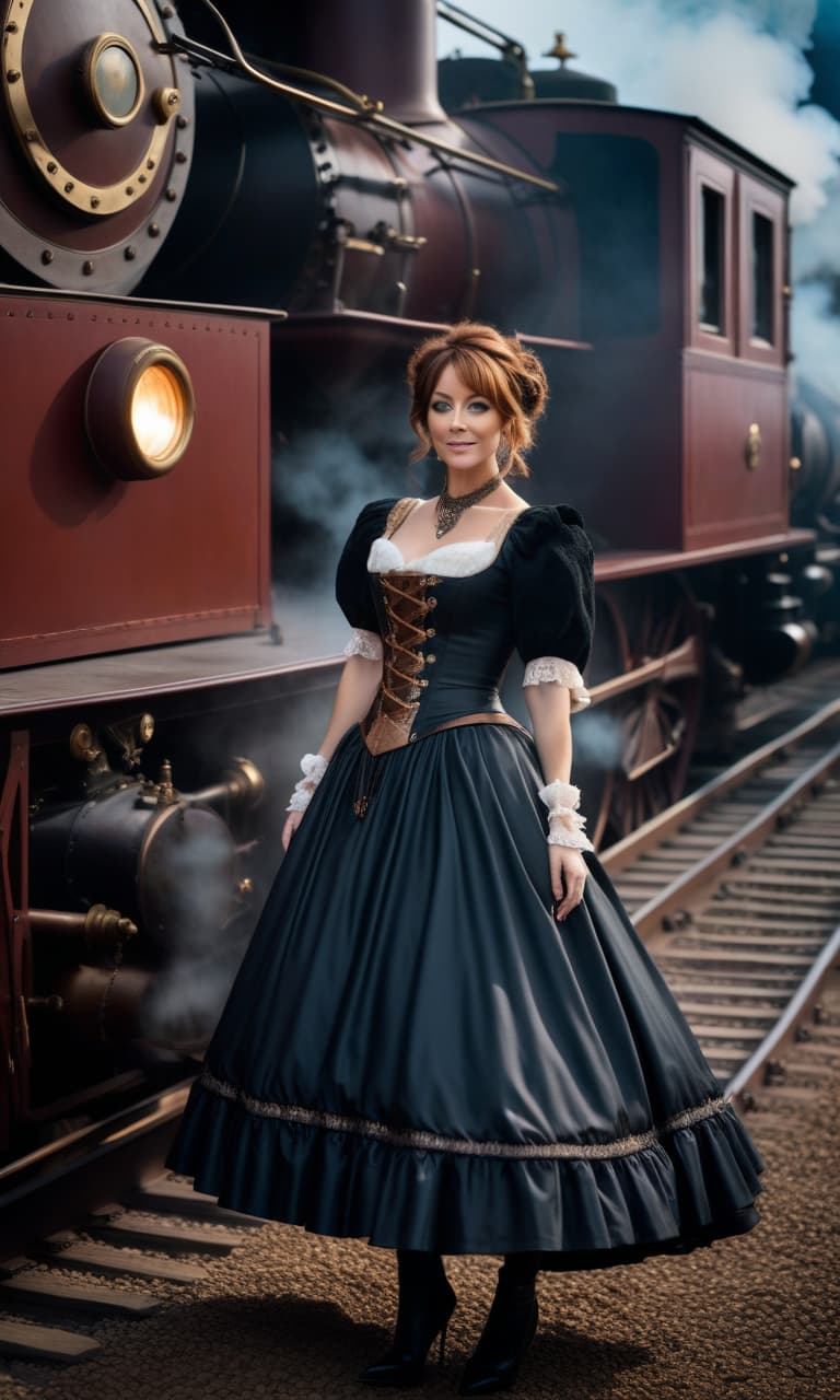  cinematic film still The most detailed steampunk image, close up of a cheerful Lindsey Stirling in a dark puffy dress with a short skirt, flounces and ruffles, Victorian style, standing in a colossal hangar against the background of a huge steam locomotive, dynamic expressive pose, people in Tudor clothes, complex image, masterpiece, maximum detail, the most detailed face, the main the emphasis on the face, the most clearly and detailed clearly drawn eyes, a slender figure, beautiful legs, photorealism, an image in the style of Daniel F. Gerhartz and Eugene de Blaas, the most realistic image . shallow depth of field, vignette, highly detailed, high budget, bokeh, cinemascope, moody, epic, gorgeous, film grain, grainy hyperrealistic, full body, detailed clothing, highly detailed, cinematic lighting, stunningly beautiful, intricate, sharp focus, f/1. 8, 85mm, (centered image composition), (professionally color graded), ((bright soft diffused light)), volumetric fog, trending on instagram, trending on tumblr, HDR 4K, 8K