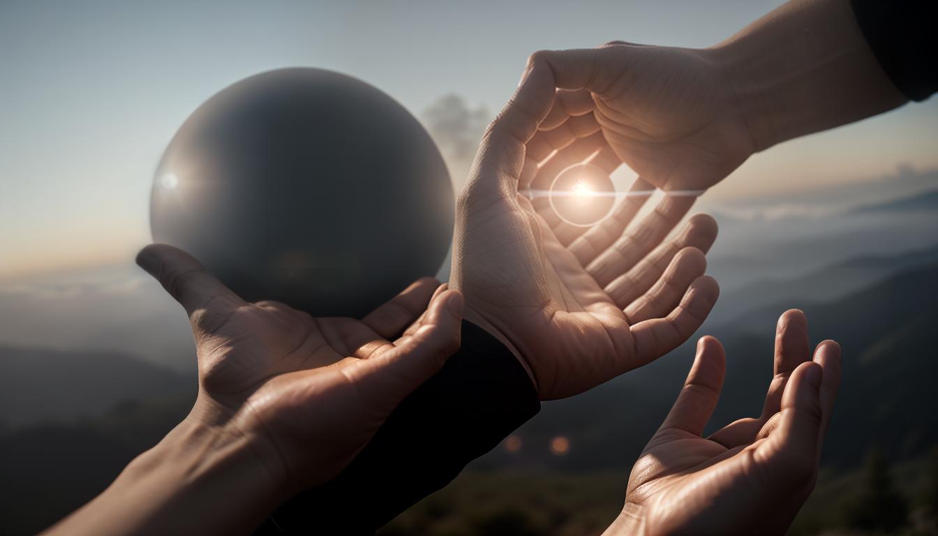  cinematic, aesthetic, Open hands reaching towards a distant, glowing orb, hands detailed with delicate skin texture, orb radiant, shrouded in mist, hands expressing longing, hope, vulnerability, 4k, HDR, lens flare