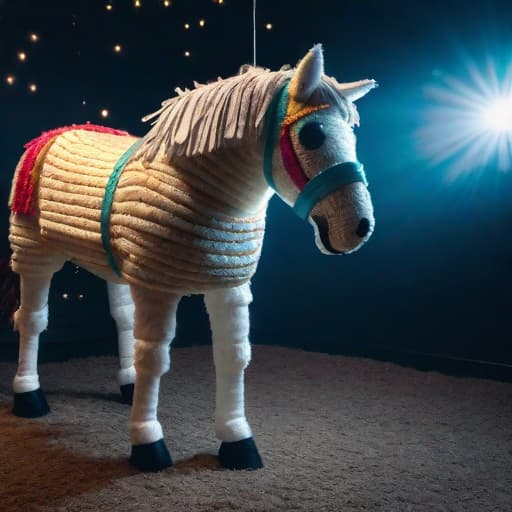  A horse Piñata floating in space hyperrealistic, full body, detailed clothing, highly detailed, cinematic lighting, stunningly beautiful, intricate, sharp focus, f/1. 8, 85mm, (centered image composition), (professionally color graded), ((bright soft diffused light)), volumetric fog, trending on instagram, trending on tumblr, HDR 4K, 8K